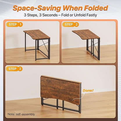 Huuger Folding Desk for Small Spaces, 39.3 Inch Foldable Computer Table, for Home Office, Study, Bedroom, Dorm, Space Saving, Small Writing Work Office Computer Desk, Easy to Fold, Rustic Brown