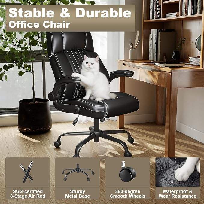 Ergonomic Executive Office Chair, High Back PU Leather Computer Desk Chair with Flip-Up Armrests, Lumbar Support, Adjustable Height and Rocking Function, Black