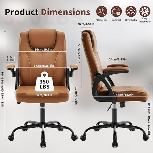 Executive Office Chair, Ergonomic PU Leather Computer Chairs, Executive Breathable Desk Chair with Padded Flip-Up Arms, 360° Swivel Rolling Chair Comfy Padded for Working Studying Gaming (Brown)