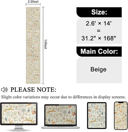 DUKINO 2.6x14 Hallway Runner Rug, Vintage Washable Long Kitchen Rug with Non Slip Backing, Stain Resistant & Low Pile Animal Print Floor Carpet for Indoor Entrance Bathroom, Laundry, Bedroom, Beige