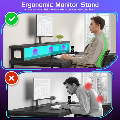 DurayLoly 40" L- Shaped Gaming Desk with LED Lights & Power Outlet,Gaming Desk with Monitor Stand for Gamer,Home Office Desk with Drawer for Student Study Room,Bedroom,Small Working Room,Black