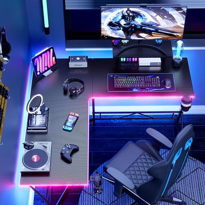 Mr IRONSTONE Gaming Desk with LED Lights, L Shaped Desk Corner with Cup Holder & Headphone Hook, Computer Desk Home Office Desks with Large Monitor Stand, Carbon Fiber Surface, Black 51 Inch