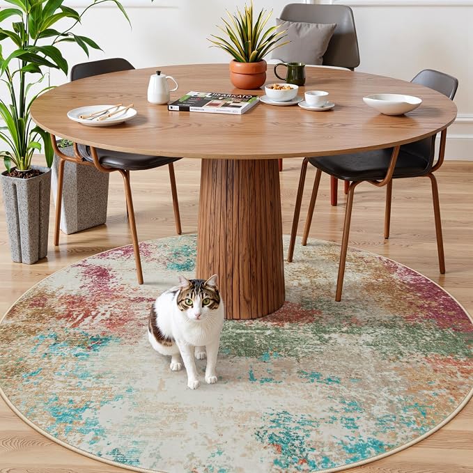 Lahome Modern Abstract Round Rugs for Living Room, 5ft Washable Ultra Thin Round Area Rug Non Slip, Multi Color 5x5 Circle Throw Carpet for Office Bedroom Dining Room Under Table