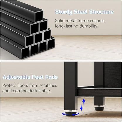 L Shaped Gaming Desk with Power Outlets & RGB Lights, 46'' L- Shaped Desk Computer Corner Desk with Monitor Stand & Storage Shelf & Hook, Home Office Desk Writing Desk, Black