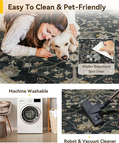 RELEANY Area Rugs Round 8ft Washable Non-Slip, Floral Vintage Distress Medallion Carpet for Living Room Bedroom Dining Room, Vintage Black Brown Neutral