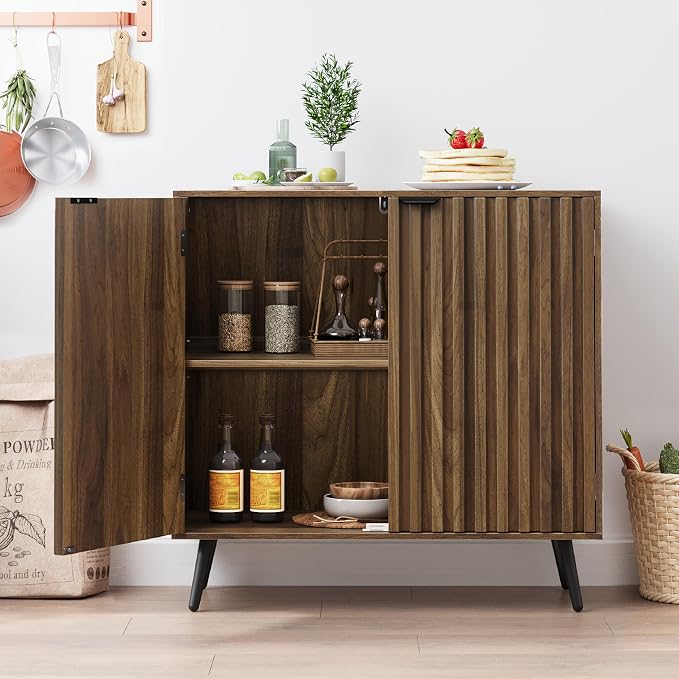 Smuxee Fluted Sideboard Cabinet, Freestanding Walnut Buffet Cabinet with Adjustable Shelf, Wood Storage Cabinet for Living Room, Entryway, Hallway