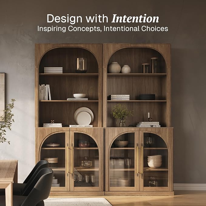 BELLEZE Set of 2 Pantry Storage Cabinet with Hutch, Modular Cabinet with Adjustable Shelves for Organizing, Visible Storage with Glass Door, Wood Highboard for Living Room and Home Office, Camel