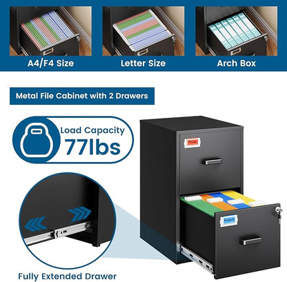 PEUKC 2 Drawer File Cabinet with Lock, 25.4" High Vertical Filing Cabinet, 17.7" Deep Metal Storage Cabinets for Home Office, Letter/Legal/A4/F4 Size, Black(Assemble Required)