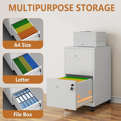 Polup 2 Drawer Rolling File Cabinet on Wheels, Mobile Two Drawer Filing Cabinet with Lock, Small Files Cabinets for Under Desk, Metal Filing Cabinets for Letter Size Folders, White - Assembly Required
