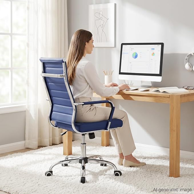 Home Office Chair Ribbed,Modern Leather Conference Room Chairs,Ergonomic Office Desk Chair, High Back Executive Computer Chair, Adjustable Swivel Chair with Arms (Blue)