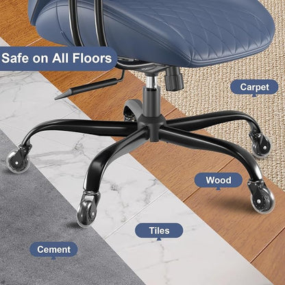 E-Ser Leather Desk Chair, Mid Century Modern Office Chair, Blue | Lumbar Support, Ergonomic, 360° Swivel, Rubber Rolling Wheels, Adjustable Height, for Adults