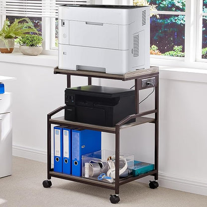 Lauren&Harold 34'' Printer Stand with Power Outlets & USB Ports, 3-Tier Adjustable Rolling Cart, Heavy Duty 150LBS Storage Table with Wheels for Office, Kitchen, Living Room, Grey/Bronze