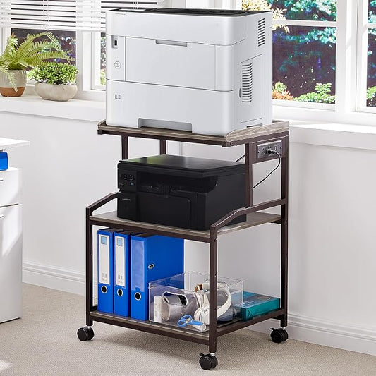 Lauren&Harold 34'' Printer Stand with Power Outlets & USB Ports, 3-Tier Adjustable Rolling Cart, Heavy Duty 150LBS Storage Table with Wheels for Office, Kitchen, Living Room, Grey/Bronze