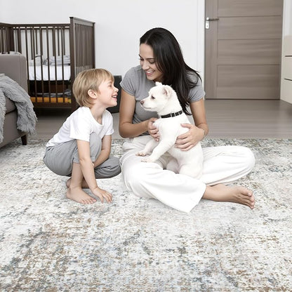 5x5 Area Rug Living Room Rug: Washable Modern Abstract Soft Thin Rug Indoor Floor No Slip Stain Resistant Carpet for Bedroom Dining Room Farmhouse Nursery Home Office - Brown Grey