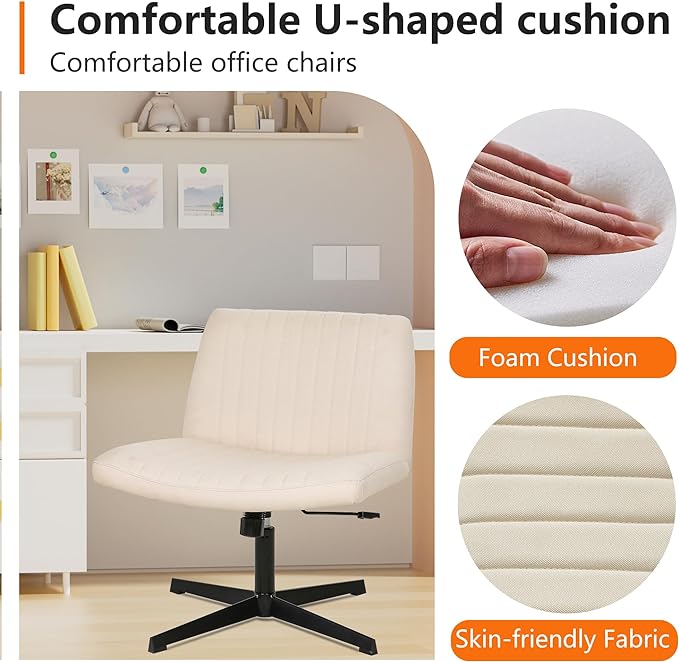 FDW Criss Cross Chair Armless Cross Legged Office Desk Chair Adjustable Swivel Ergonomic Desk Chair No Wheels U Shaped Backrest with Wide Seat Native Sponge Computer Task Vanity Chair for Home Office