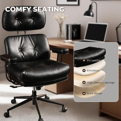 Home Office Chair,Ergonomic Computer Chair with Lumbar Support Adjustable Height,Mid-Century Modern Office Chair with Rolling Swivel Chair for Home Office Game Study(PU Leather Chair,Dark)