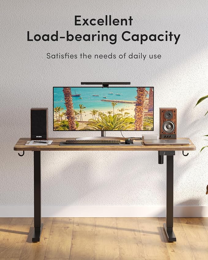 DESINO Standing Desk, 55 × 24 Inches Electric Height Adjustable, Sit and Stand Up, Computer Office Desk with Splice Board, Black Frame/Rustic Brown TOP
