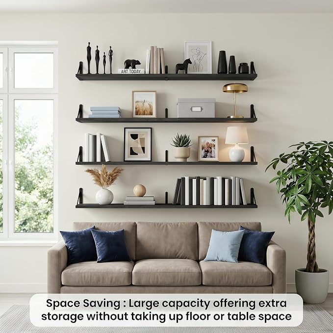 Long Wall Shelf,Large Floating Shelves for Wall,Wood Floating Bookshelves Hanging,Book Storage Display for Living Room Bedroom Office Bathroom Decor,4 Pack,36 Inch,Rustic Black