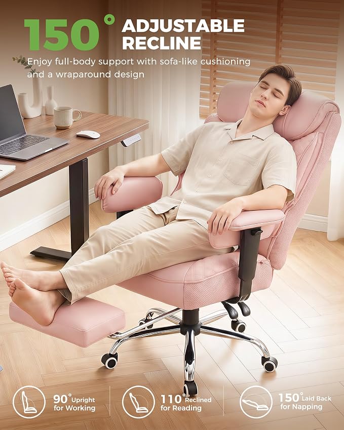 GTPLAYER Big and Tall Office Chair, High Back Computer Gaming Chair with Ergonomic Lumbar Support &Pocket Spring Cushion for Lower Back Pain Relief, Leather Executive Chair with Foot Rest, Pink