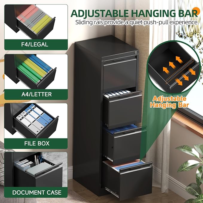 4 Drawer File Cabinet with Lock, Filing Cabinets for Home Office | Tall File Cabinet, Lockable File Cabinet, Metal File Cabinet for Letter/Legal/A4/F4 Size, Assemble Required