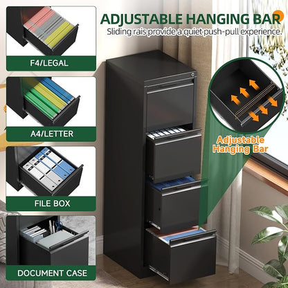 4 Drawer File Cabinet with Lock, Filing Cabinets for Home Office | Tall File Cabinet, Lockable File Cabinet, Metal File Cabinet for Letter/Legal/A4/F4 Size, Assemble Required