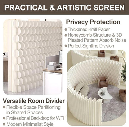 3D Scallop Textured Room Divider, Freestanding Privacy Screen, Modern Accordion Folding Kraft Paper Partition, No Drill, Portable Room Separator for Home, Office, Studio & Salon, White