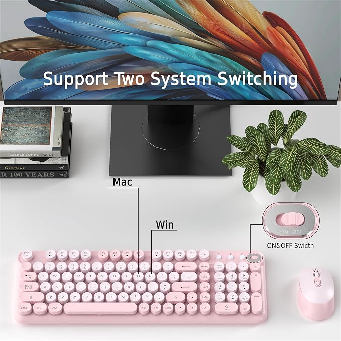 Wireless Keyboard and Mouse Combo, 2.4GHz USB Receiver, Plug and Play, Retro Full Size Typewriter Keyboard and Wireless Mouse for Computer, Laptop, Windows, Mac, and PC (Pink)