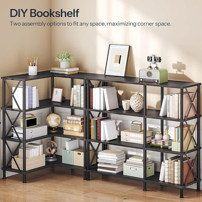 HOOBRO Corner Bookshelf, 4-Tier L-Shaped Bookcase, Industrial Open Display Shelf Tall Storage Organizer, Vertical Storage Rack, for Living Room, Home Office, Black BB59SJ01