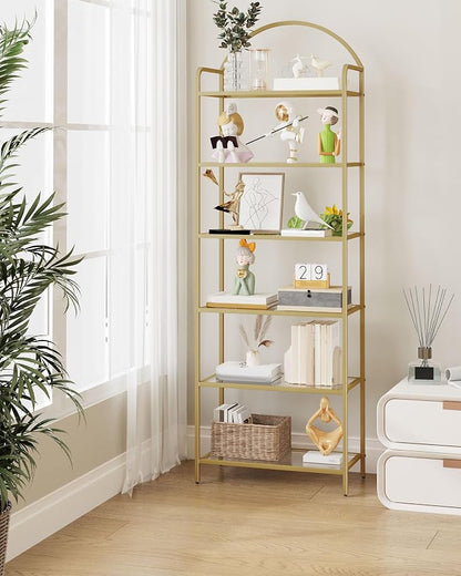 Hzuaneri Bookcase Bookshelf, Tempered Glass Bookshelves, Slim Shelving Unit for Bedroom, Bathroom, Home Office, Steel Frame, 6 Tier Gold BC21699G