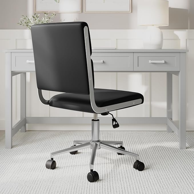 Martha Stewart Lulu Swivel Task Chair with Height Adjustable Seat for Home Office in Black Faux Leather with Polished Nickel Frame