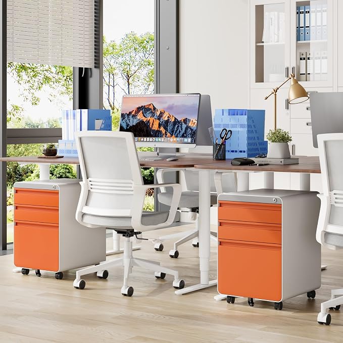 Dripex 3 Drawer File Cabinet, Mobile Under Desk Storage File Cabinet with Lock on Wheels, Letter/Legal Size, Fully Assembled, Vertical Metal Rolling Filing Cabinets for Home Office (Orange+White)