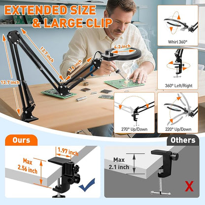 KIRKAS 12X Magnifying Glass with Light and Stand, Extra-Long Arm Magnifying Lamp Overhead Knob for Workbench Craft, Sewing, LED Lighted Magnifier Real Glass Lens Stepless Dimming and Color(35in Clamp)