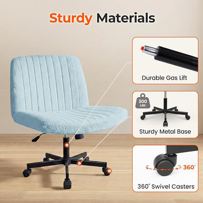Orange Factory Criss Cross Chair Wheels Vanity Chair Office Desk Comfy Wide Cross Legged Armless Teddy Fabric Adjustable Swivel for Home Computer Task (Blue, Teddy Fleece)