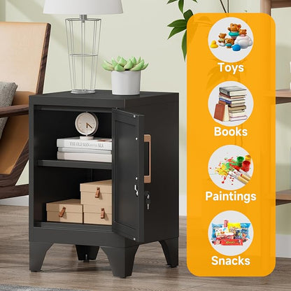 23.6"H Black Metal Locker Nightstand with 1 Lockable Door and 1 Adjustable Shelf, Small Storage Cabinet with Detachable Legs and Vintage Handle for Home Office,Living Room or Bedroom,Easy Assembly
