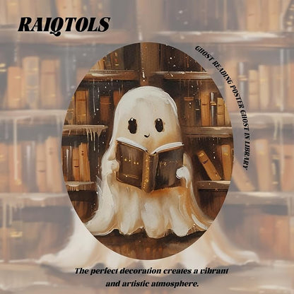 Framed Vintage Library Ghost Wall Art - Halloween Picture Decor, Cute Ghost Reading Books Canvas Print, Halloween Wall Decor for Living Room Bedroom Home Office, 12x16in Wood Frame