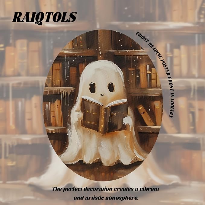 Framed Vintage Library Ghost Wall Art - Halloween Picture Decor, Cute Ghost Reading Books Canvas Print, Halloween Wall Decor for Living Room Bedroom Home Office, 8x10in Wood Frame
