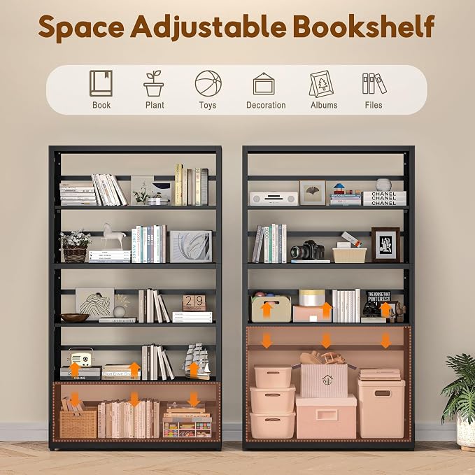 UNICOLY 5 Tier Black Bookshelf, 55" H Tall Bookshelf with 5 Storage Shelves, Heavy Duty Deep Shelves, Open Shelf Bookcase with 5 Bookends, Modern Display Shelves for Books, Toys, CD, W31×D10“
