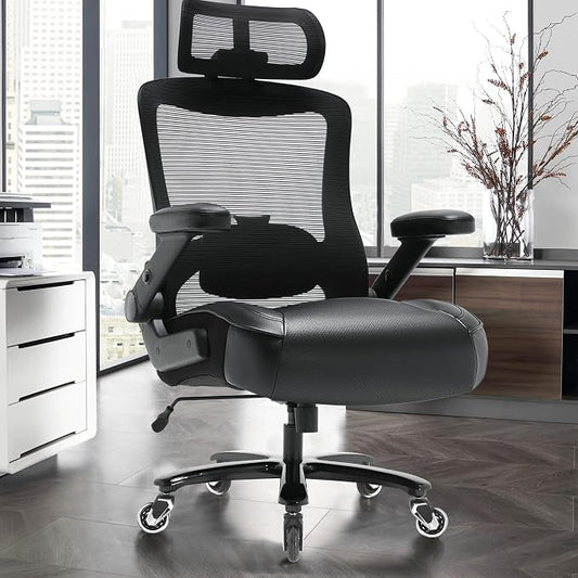 Big and Tall Office Chair 600lbs with 3D Flip Arms Adjustable Headrest - Heavy Duty Large Wheels Executive Computer Desk Chair, Ergonomic Lumbar Support Mesh High Back Plus Size Chair for Adults