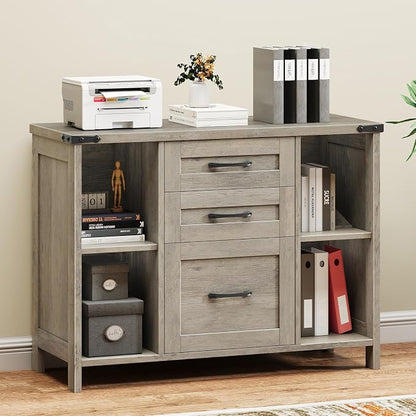 Halitaa 3 Drawer File Cabinet, Farmhouse Lateral Filing Cabinet Fits File Letter or A4 Size, Wooden Printer Stand with Open Storage Adjustable Shelf for Home Office, Grey