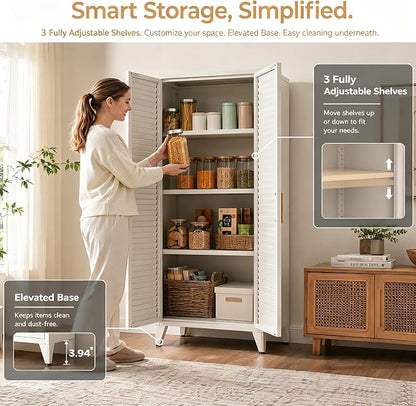 kastfh White Metal Storage Cabinet with Doors and 3 Adjustable Shelves, 61" Tall 4-Tier Pantry Storage Cabinet for the Kitchen, Living Room, Bedroom, Home, Bathroom and Office