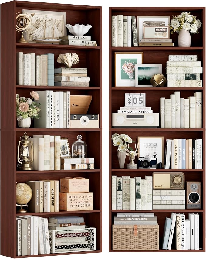 FOTOSOK 6-Tier Open Bookcase and Bookshelf, Freestanding Display Storage Shelves Tall Bookcase for Bedroom, Living Room and Office,Cherry Set of 2