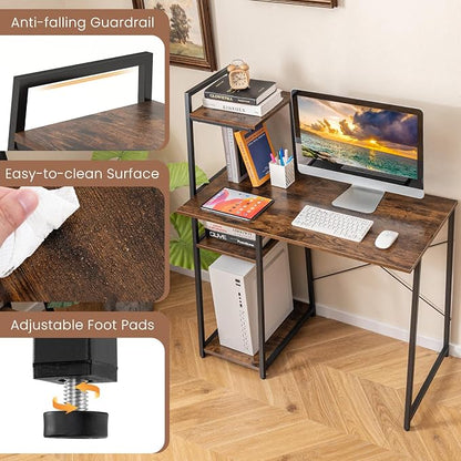 Tangkula Computer Desk with Shelves, Space Saving Home Office Desk with 3-Tier Ladder Shaped Storage Bookshelf, Modern Writing Study Desk with Metal Frame, Compact Computer Workstation (Rustic Brown)