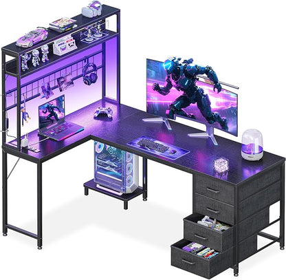 AODK L Shaped Gaming Desk with 4 Drawers, 59" Reversible Computer Desk with Hutch and Shelves, Gamer Desk with LED Lights, Power Outlets, Home Office Corner Desk with Gird Pegboard, Black
