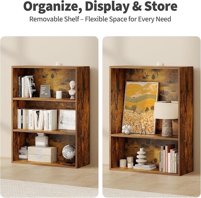 Sweetcrispy Industrial 3 Shelf Bookcase - Large 31.5 Inch Tall Floor Standing Open Bookshelf for Home Office, Living Room, and Bedroom Storage, Display Organizer, Brown