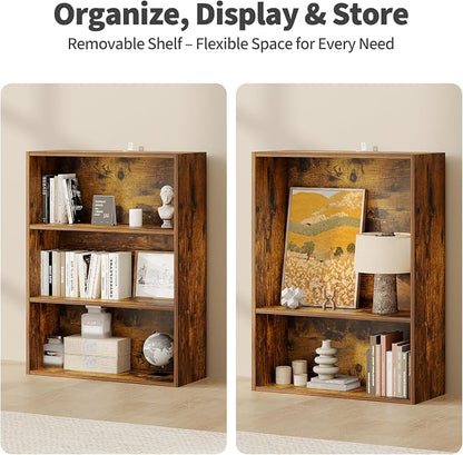 Sweetcrispy Industrial 3 Shelf Bookcase - Large 31.5 Inch Tall Floor Standing Open Bookshelf for Home Office, Living Room, and Bedroom Storage, Display Organizer, Brown