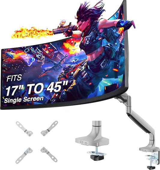 AVLT Single Monitor Arm Desk Mount for 17-45" Screens, Heavy Duty - Gray | Supports flat, curved or ultrawide screens up to 26.4 lbs. Mechanical spring, 4 VESA patterns and tool-free cable management.