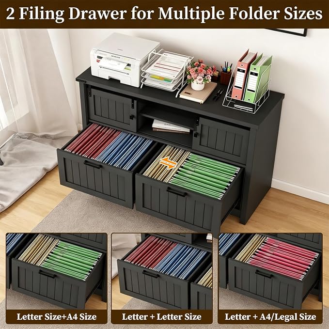 Farmhouse File Cabinet with Charging, Sliding Barn Doors & 2 Drawers, Cute Printer Stand with Open Shelf for Home Office, Remote Work, Black