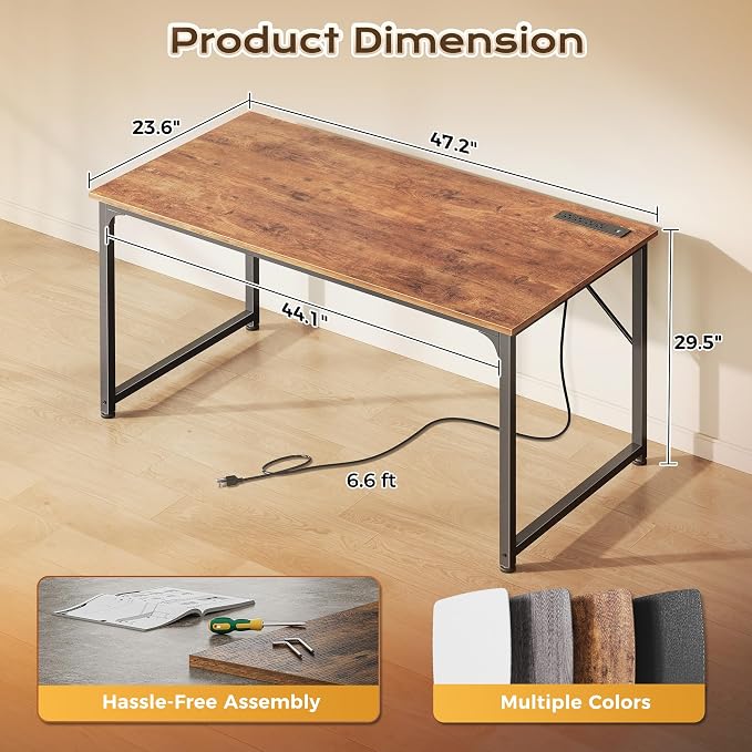 PRAISUN 47 X 24 Inch Computer Desk with Power Outlets & USB-C Port, Office Desk with Deeper Desktop, Study, Bedroom, Writing Work from Home Table, Metal Frame, Rustic Brown