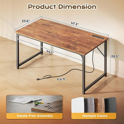 PRAISUN 47 X 24 Inch Computer Desk with Power Outlets & USB-C Port, Office Desk with Deeper Desktop, Study, Bedroom, Writing Work from Home Table, Metal Frame, Rustic Brown