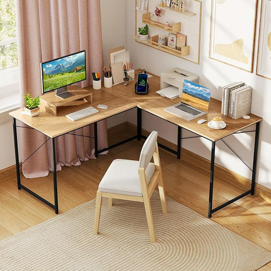Tangkula L-Shaped Computer Desk with Power Outlets, 95” Long 2-Person Desk with Monitor Shelf, Modern Corner Desk Gaming Table with USB Ports for Home Office